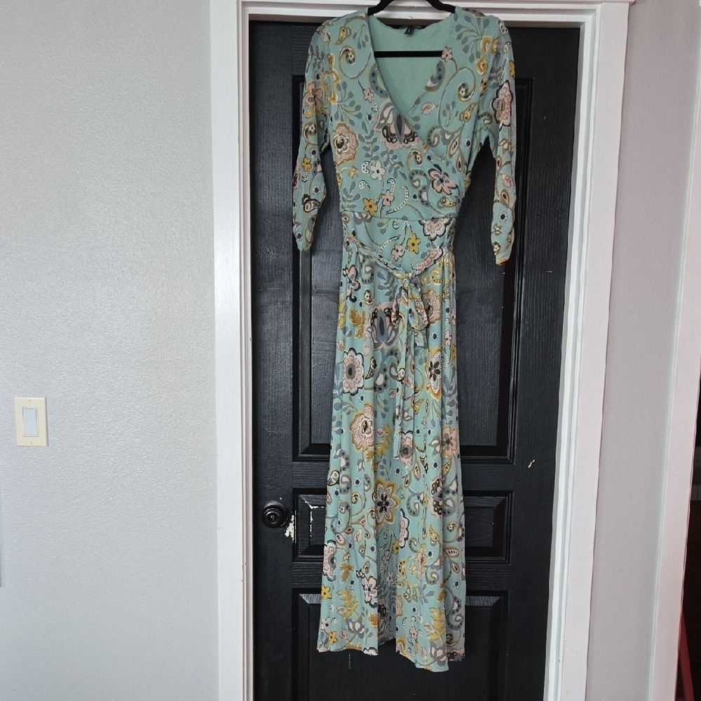 Allison Brittney Green Floral Faux Wrap V-Neck Self Tie Maxi Dress Size Small